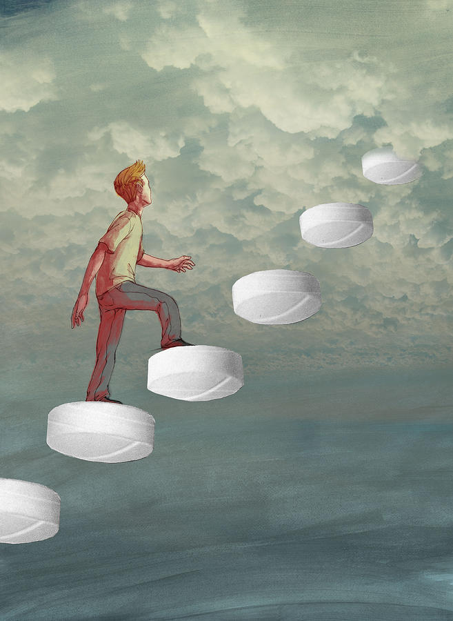 Illustration of man climbing up tablets towards cloudy sky representing drug addiction Drawing by Fanatic Studio