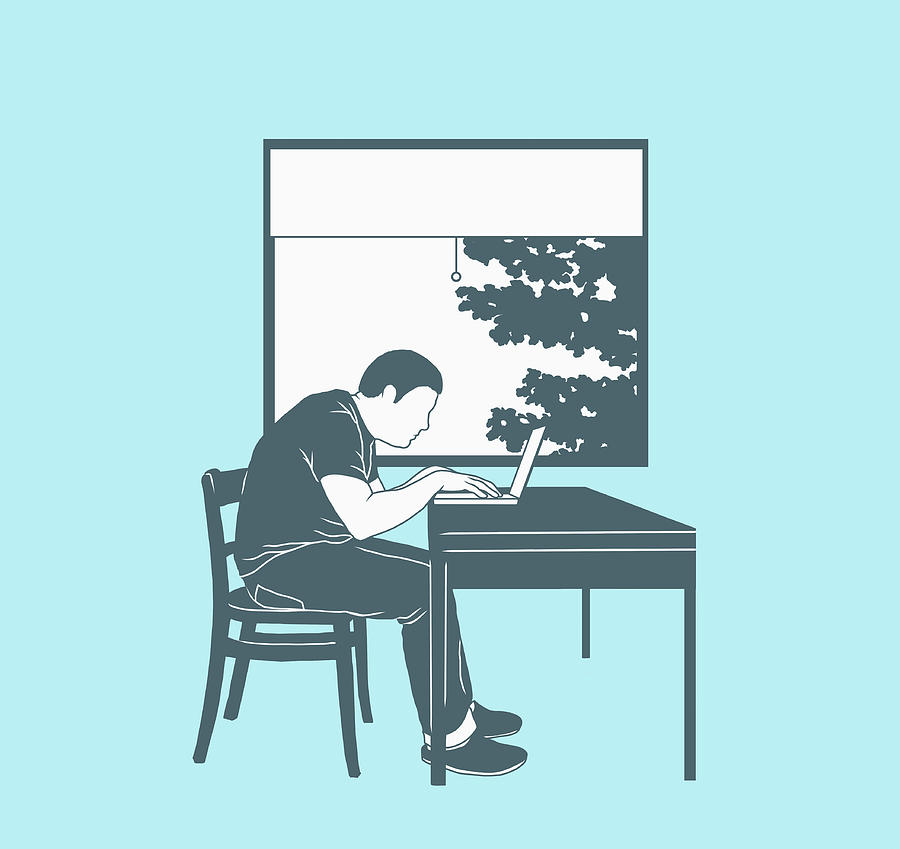 Illustration of man using laptop against window representing working at home Drawing by Malte Mueller