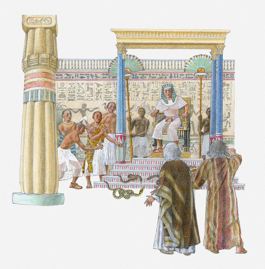 Illustration of Moses and Aaron standing in front of Pharaoh and the royal magicians Drawing by Dorling Kindersley