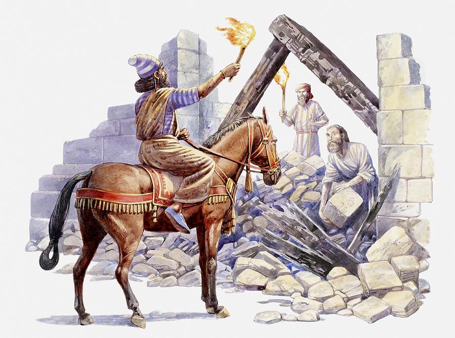 Illustration of Nehemiah riding though rubble and telling the Jews to rebuild Jersualem, Book of Nehemiah Drawing by Peter Dennis