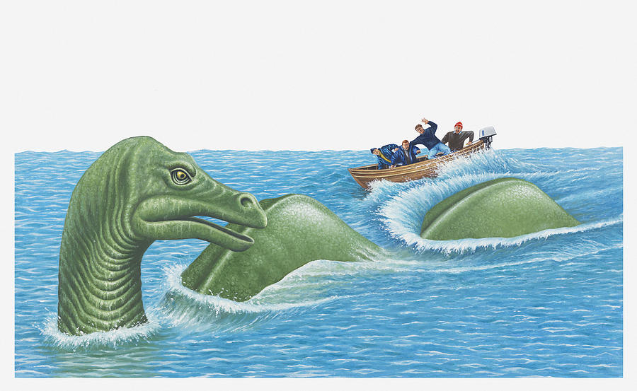 Illustration of of men in small boat as Loch Ness Monster emerges out of the water Drawing by Dorling Kindersley
