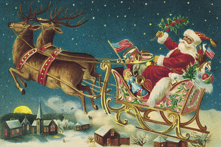 Illustration of Santa Claus and reindeer with flying sleigh Drawing by Comstock