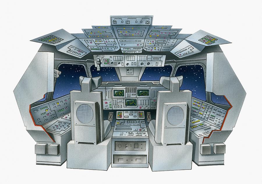 Illustration of the flight deck of a space shuttle Drawing by Dorling Kindersley