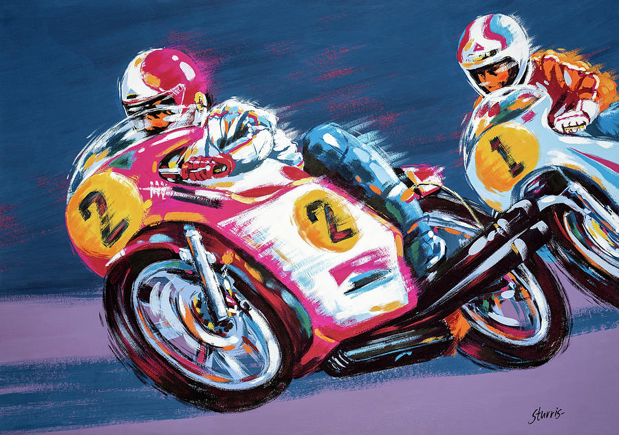 Illustration of two motorcycle racers Painting by Hans Sturris - Fine ...