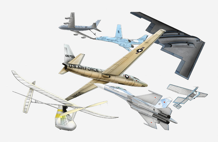 Illustration of various aircraft, Douglas DC-8 refuelling a B-1 aircraft mid-air, U-2 spy plane, B-2 stealth bomber, MIT Daedalus, Sukhoi Su-27, Solar Challenger Drawing by Dorling Kindersley