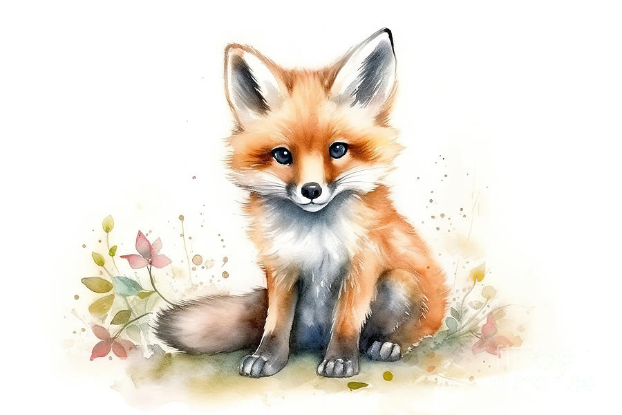 Illustration of watercolor cute baby fox, Painting by N Akkash - Fine ...