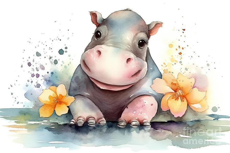 Hippopotamus Painting - Illustration of watercolor cute baby hippopotamus, by N Akkash