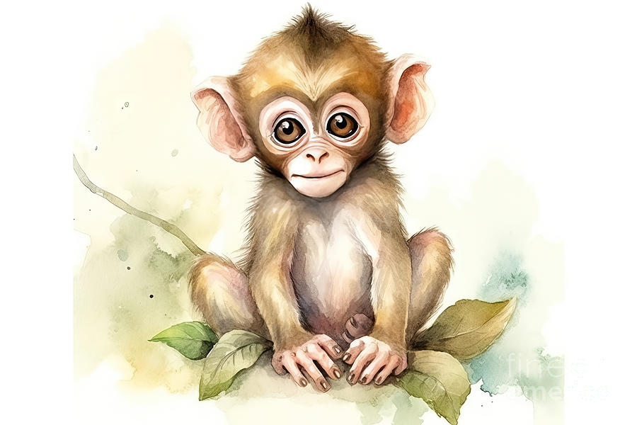 Nature Painting - Illustration of watercolor cute baby monkey, by N Akkash