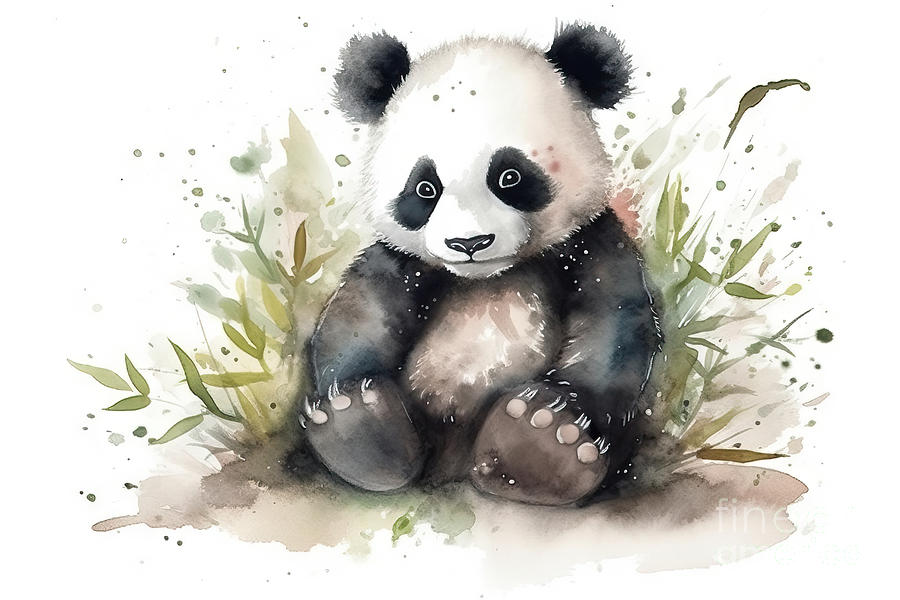 Illustration Of Watercolor Cute Baby Panda, Painting By N Akkash - Pixels