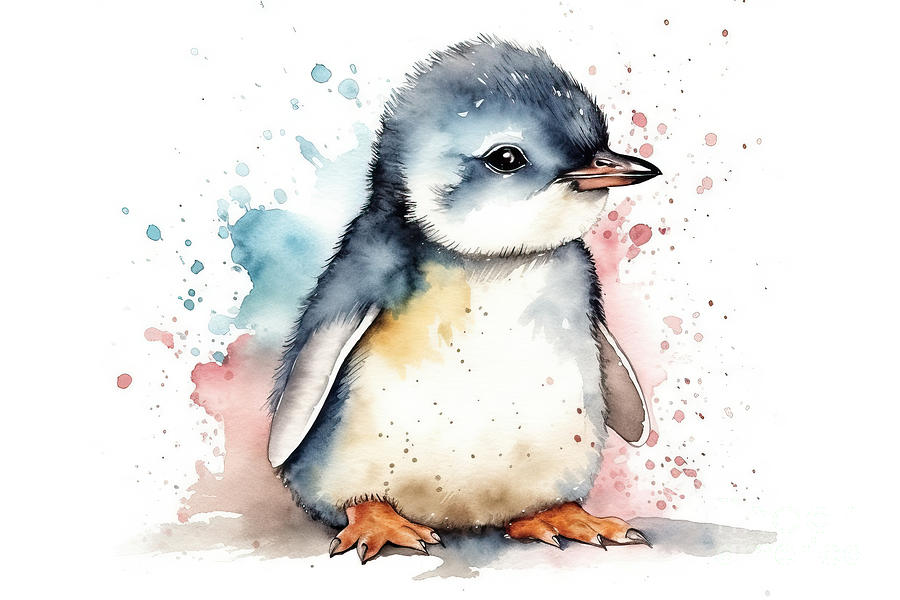 Penguin Painting - Illustration of watercolor cute baby penguin, by N Akkash