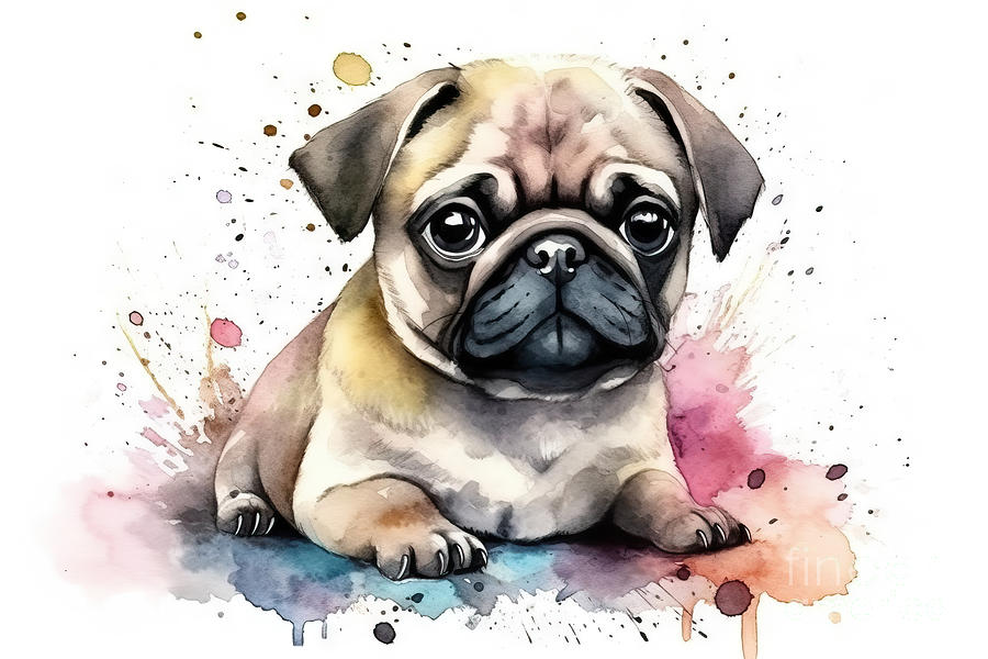 Nature Painting - Illustration of watercolor cute baby pug, by N Akkash