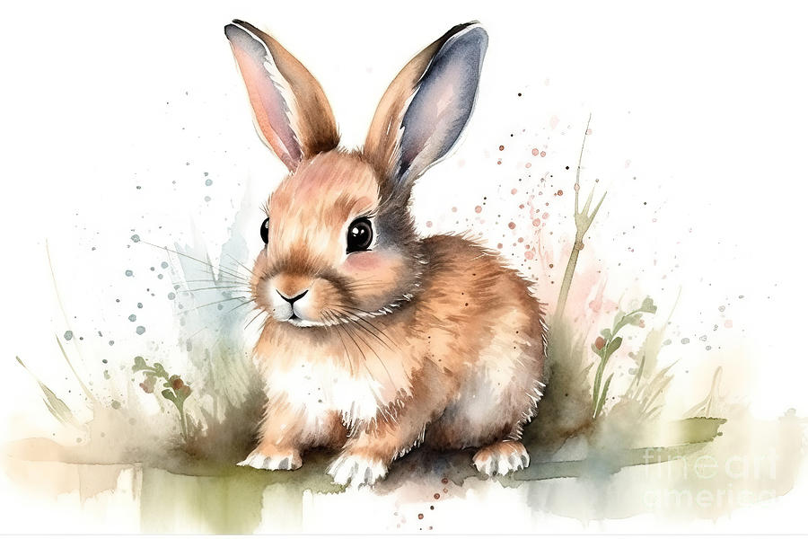 Nature Painting - Illustration of watercolor cute baby rabbit, by N Akkash