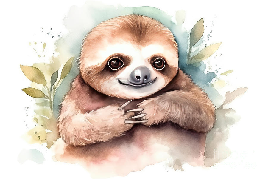 Nature Painting - Illustration of watercolor cute baby sloth, by N Akkash