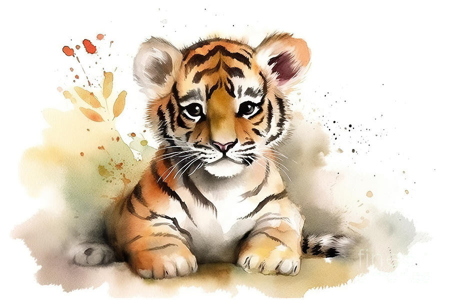 Nature Painting - Illustration of watercolor cute baby tiger, by N Akkash