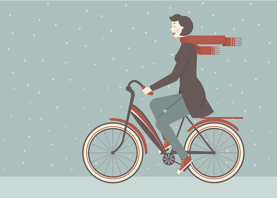 Illustration of woman in scarf riding a bicycle in the snow Drawing by Hey Darlin