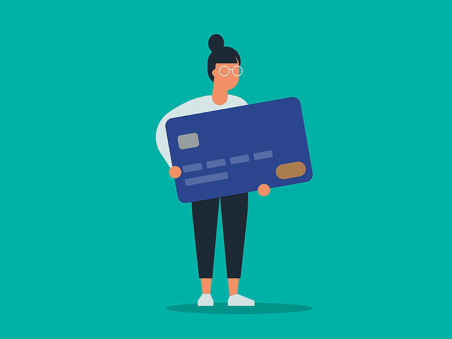 Illustration of young woman holding giant credit card Drawing by RLT_Images