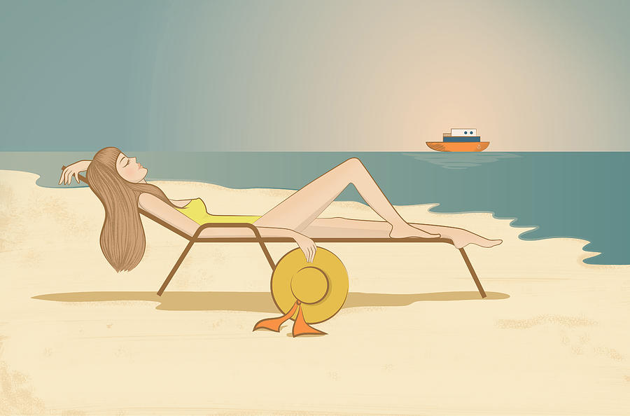 Illustration of young woman relaxing on lounge chair at beach Drawing by Fanatic Studio