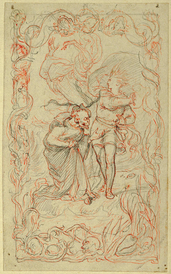 Illustration to the Tempest. Caliban, Ferdinand and Ariel  Drawing by Henry Courtney Selous