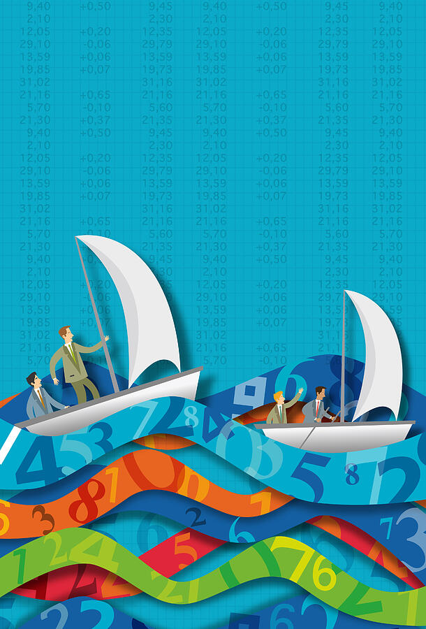 Illustrative concept of business people in sailboats on number waves representing ups and downs of stock market Drawing by Fanatic Studio