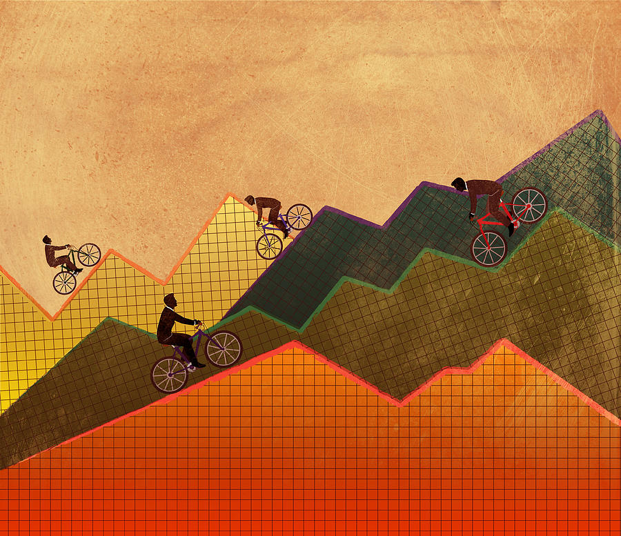 Illustrative concept of business people riding bicycle on graphs representing ups and downs of business Drawing by Fanatic Studio