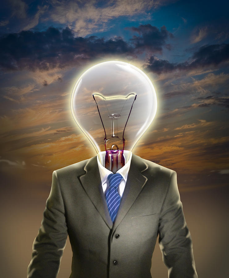 Illustrative image of businessman with light bulb representing leadership Drawing by Fanatic Studio