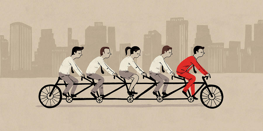 Illustrative image of businesspeople riding tandem bicycle representing teamwork Drawing by Fanatic Studio