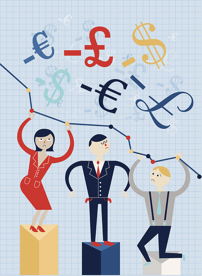 Illustrative image of businesspeople standing on graph representing economic crisis Drawing by Fanatic Studio