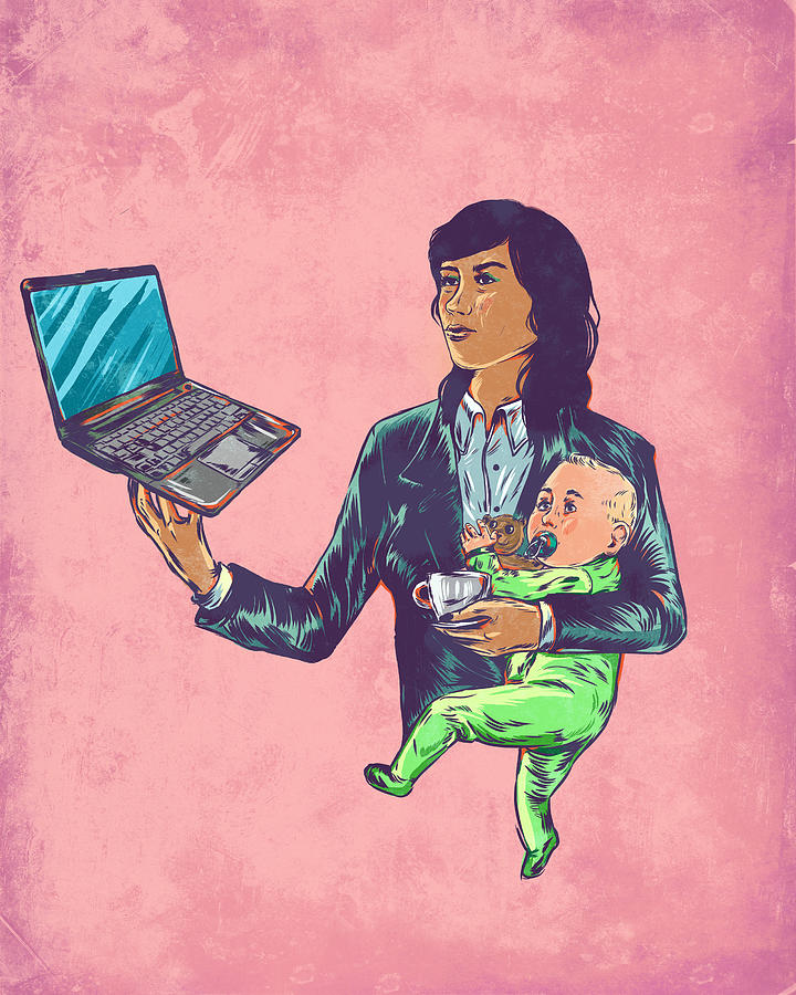 Illustrative image of businesswoman carrying baby while using laptop representing multi tasking Drawing by Fanatic Studio