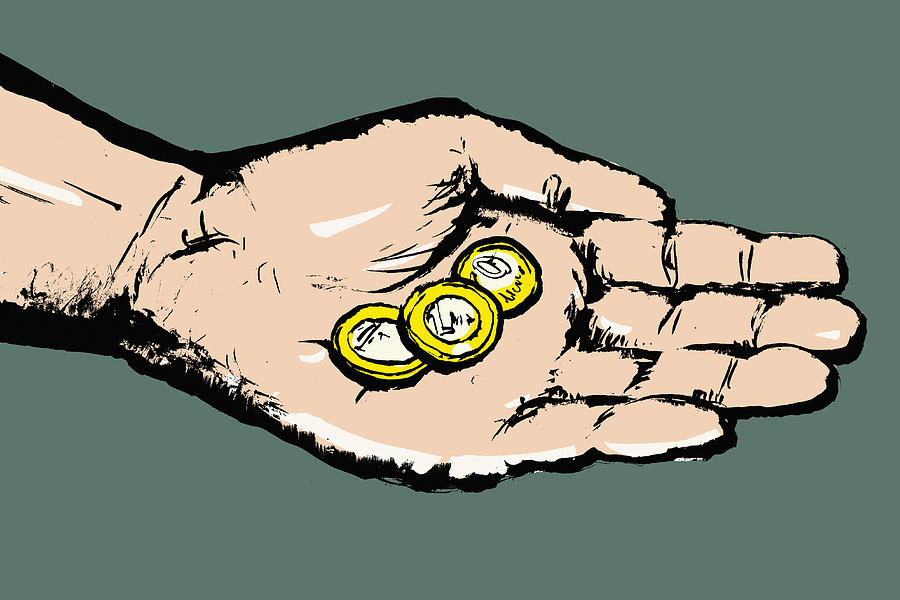 Illustrative image of hand holding coins against gray background Drawing by Endai Huedl