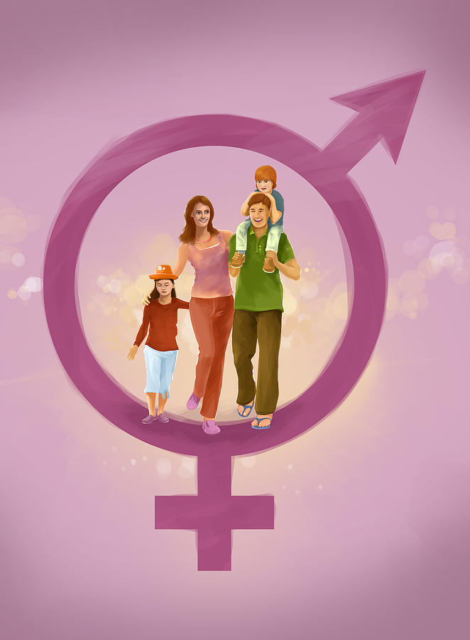 Illustrative image of happy family on gender symbols Drawing by Fanatic Studio