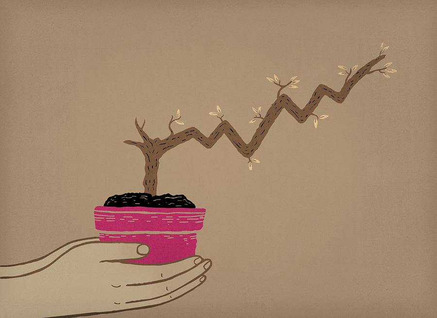 Illustrative image of human hands holding potted plant with stem grows like a stock chart representing business growth Drawing by Fanatic Studio