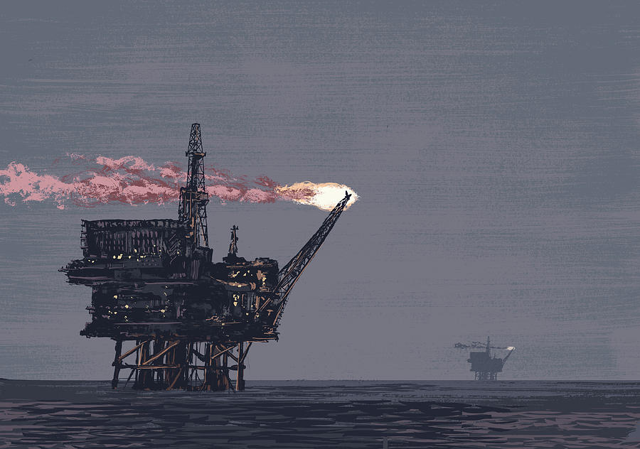 Illustrative image of oil rig drilling in ocean Drawing by Endai Huedl