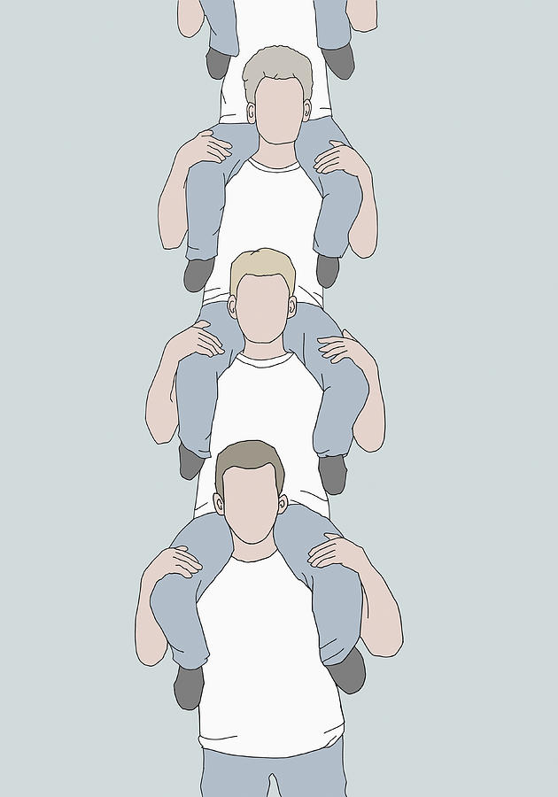 Illustrative image of several men carrying each other atop their shoulders Drawing by Malte Mueller