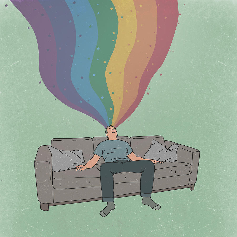 Illustrative image of tired man sleeping on sofa while dreaming about rainbow and stars Drawing by Malte Mueller
