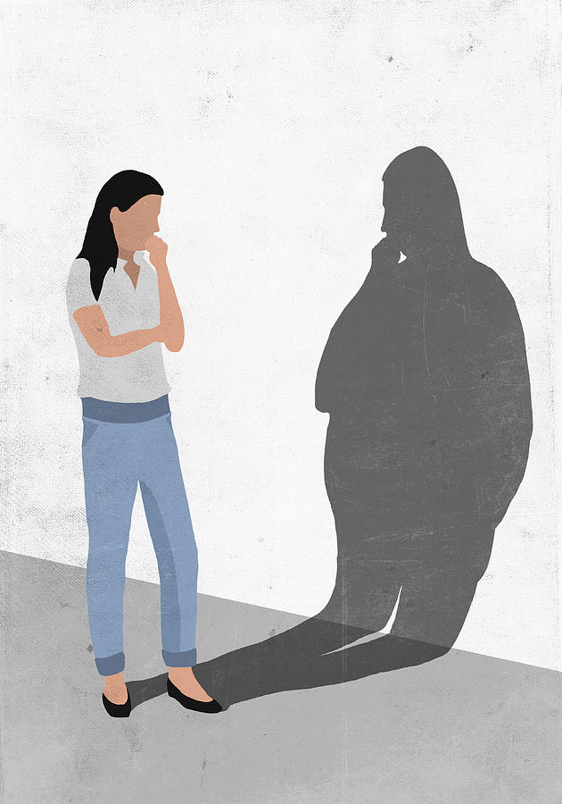 Illustrative image of woman looking at her fat shadow on wall representing worry for obesity Drawing by Malte Mueller