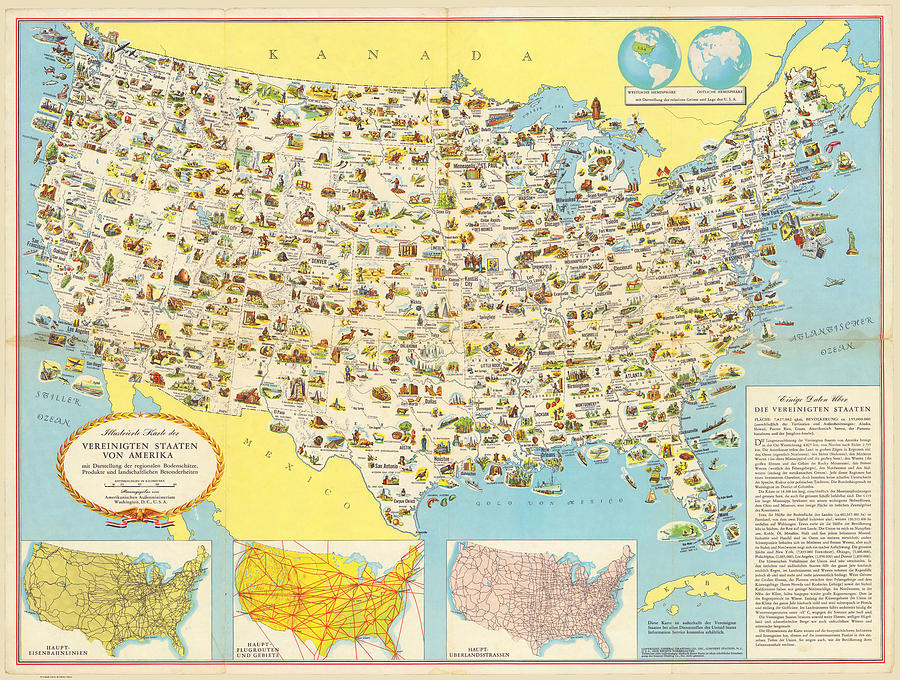 Vintage Digital Art - Illustrierte Karte der Vereinigten Staaten von Amerika mit Darstellung - Map by Owl Gallery