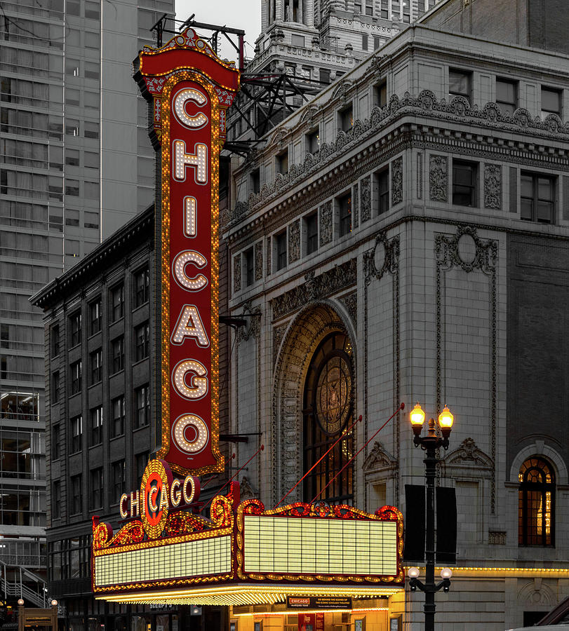 Chicago Theatre Marquee at Dusk Lit Up Selective Color Photograph by ...