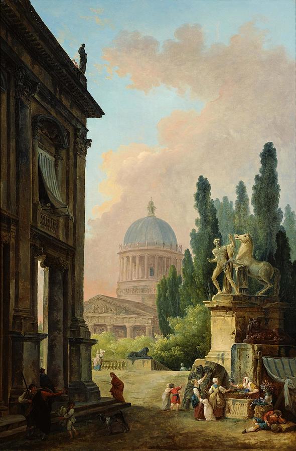 Hubert Robert Drawing - Imaginary View of Rome with the HorseTamer of the Monte Cavallo and a Church by Hubert Robert French Hubert Robert Drawing - Imaginary View of Rome with the HorseTamer of the Monte Cavallo and a Church by Hubert Robert French
