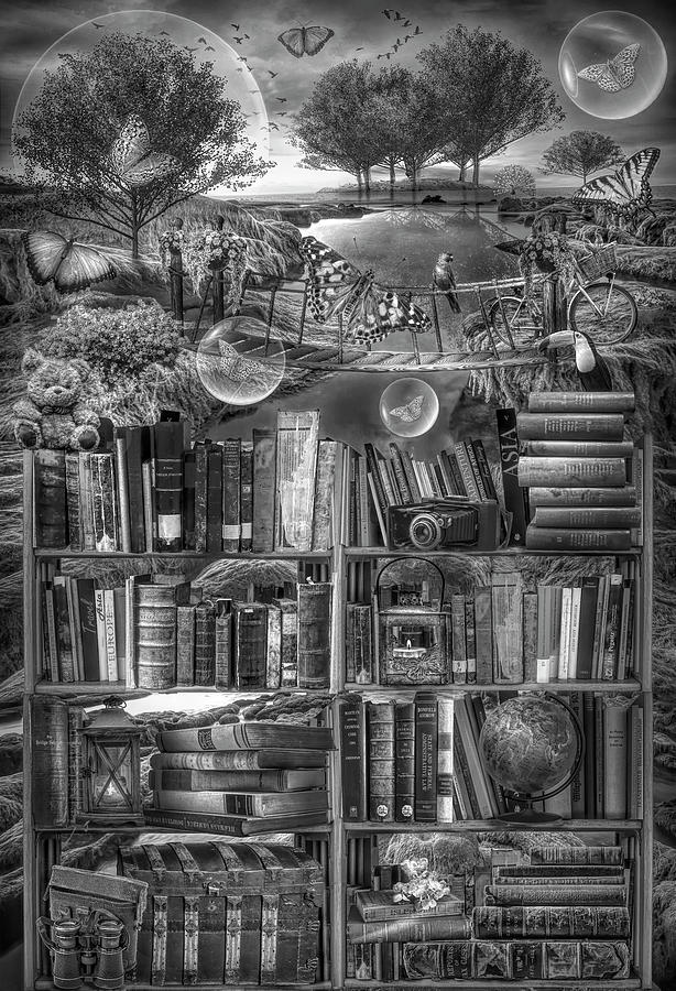 Imagination through Reading Books in Black and White Digital Art by Debra and Dave Vanderlaan
