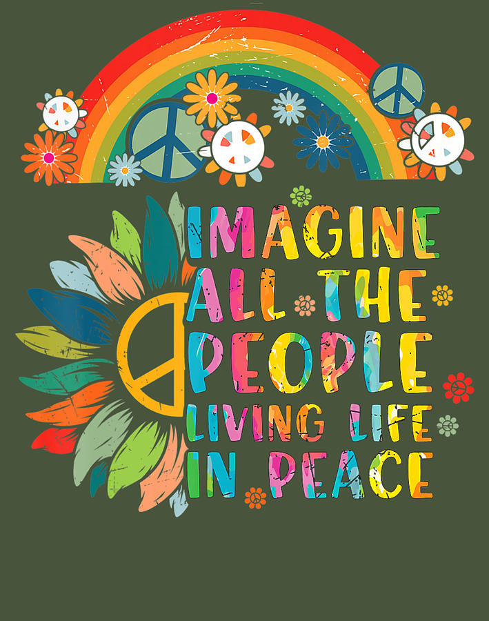 Imagine All People Living Peace Sign Tie Dye Hippy Retro 70S Digital ...
