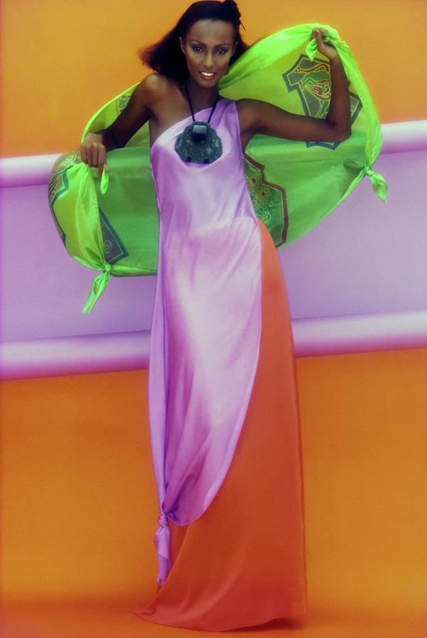 Iman in Mary McFadden Silk Tunic, Skirt, and Scarf Photograph by Jacques Malignon