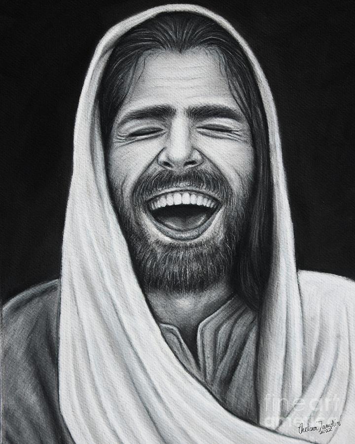 Laughing Jesus black and white Drawing by Chelsea Tamplin Fine Art