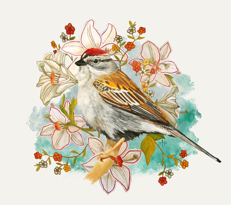 Sparrow Painting - Chipping Sparrow And Flowers by Angeles M Pomata