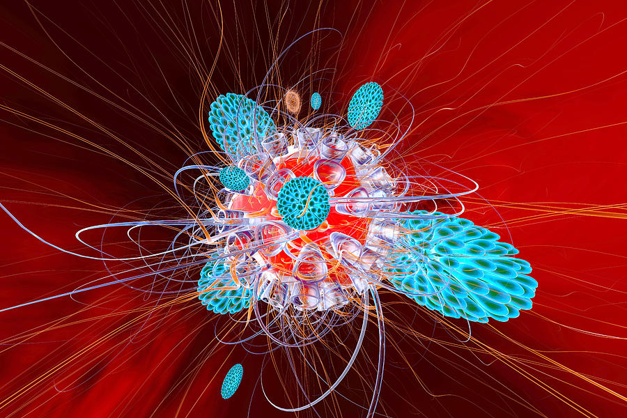Immune system defense cells attacking a virus, 3D Rendering Drawing by Westend61