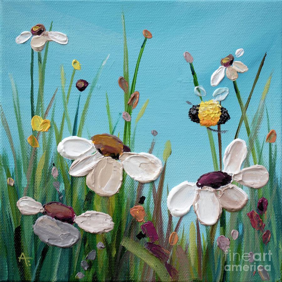 Impasto Daisies and Bumblebee painting Painting by Annie Troe
