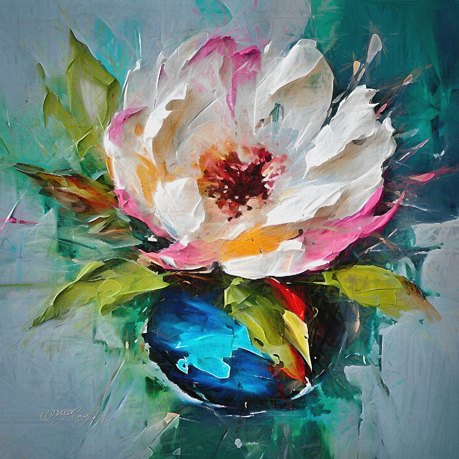 Impasto Magic Flower Bloom In Blue Vase Digital Art