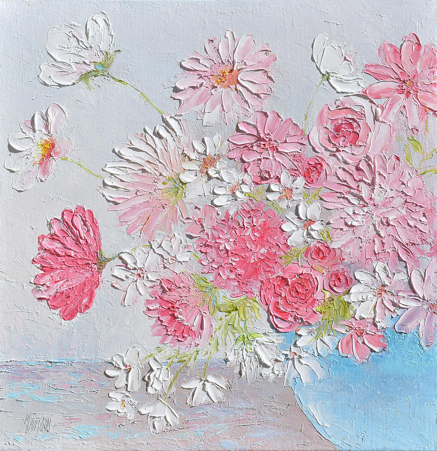 Impasto Spring Flowers In A Blue Bowl Painting