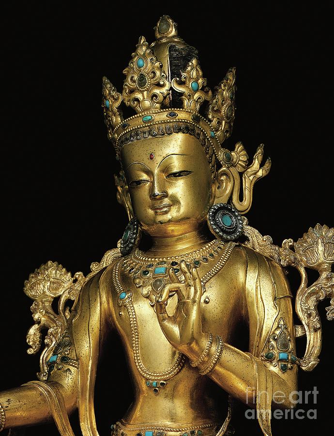 Imperial figure of Avalokiteshvara gilt bronze by Tibetan School, 14th century Sculpture by Tibetan School