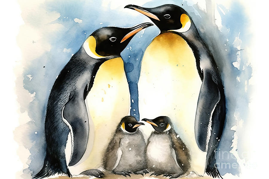 Penguin Painting - Imperial Penguins Watercolor Illustration by N Akkash