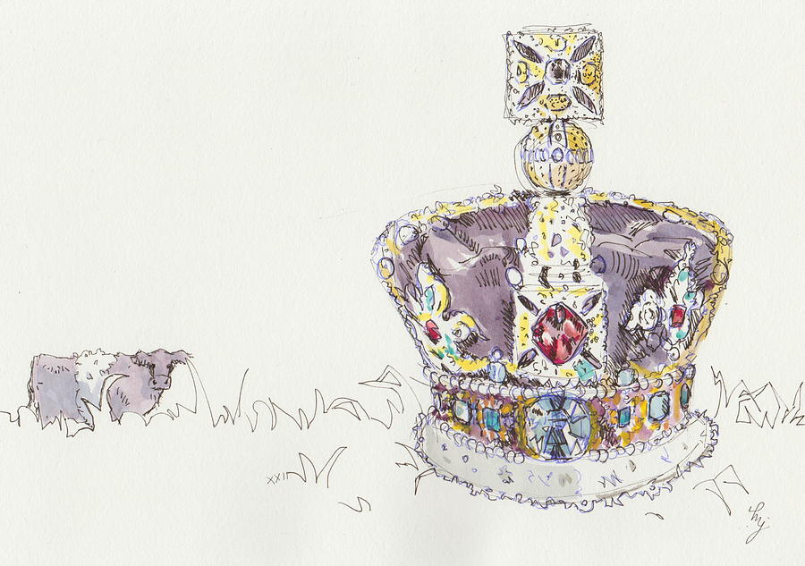 Imperial state crown line and wash watercolor painting Mixed Media by Mike Jory